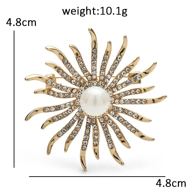 Rhinestone Sunburst with Pearl-Look Center Brooch — dimensions