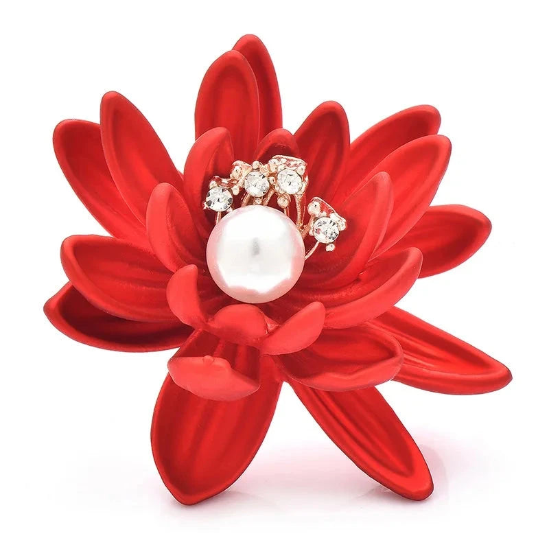 Red Lotus Flower with Pearl-Look Center Brooch — Red Lotus Flower