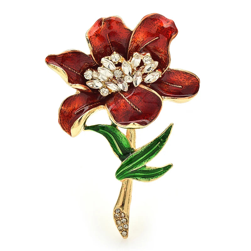 Large Enamel Flower with Jeweled Center Brooch — Red