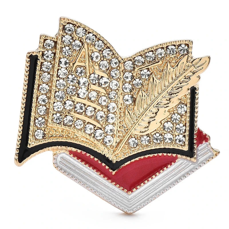 Rhinestone Open Book and Quill Brooch — Red