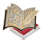 Rhinestone Open Book and Quill Brooch — Red