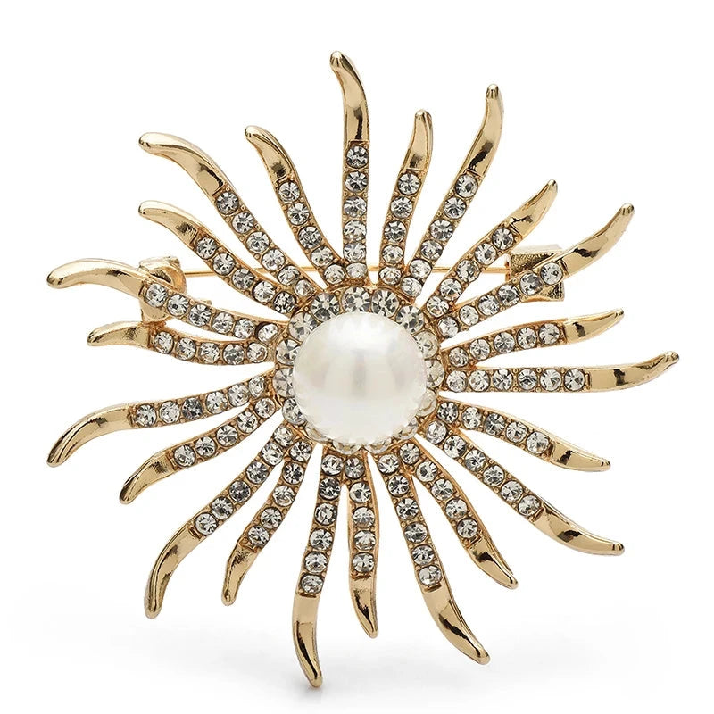 Rhinestone Sunburst with Pearl-Look Center Brooch — Pearl-Look Sunburst