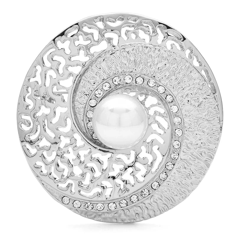 Round Spiral Shell with Pearl-Look Center Brooch — Silver