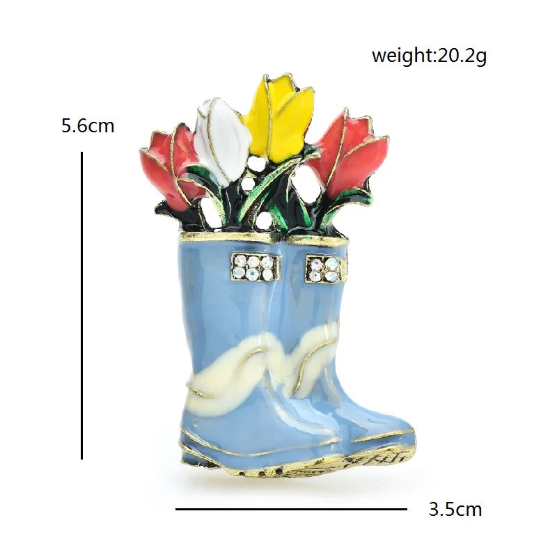 Enamel Rain Boots with Tulips Brooch