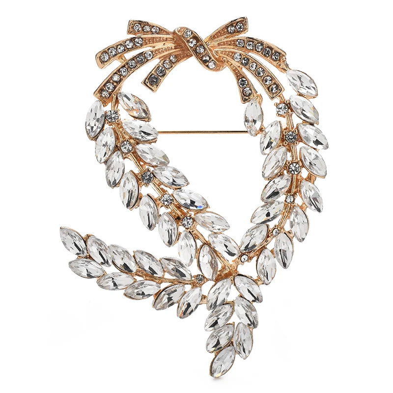 Rhinestone Wheat Wreath with Bow Brooch — Gold