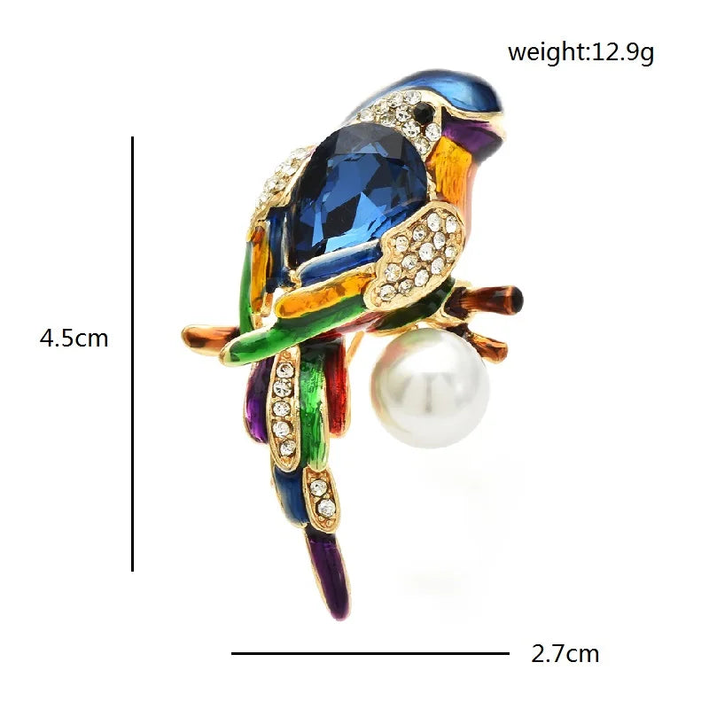 Jeweled Parrot with Pearl-Look Drop Brooch