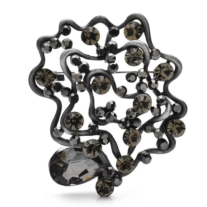 Openwork Rhinestone Flower with Teardrop Brooch — Gray
