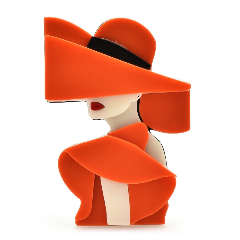 Wide-Brim Hat Lady Acrylic Brooch