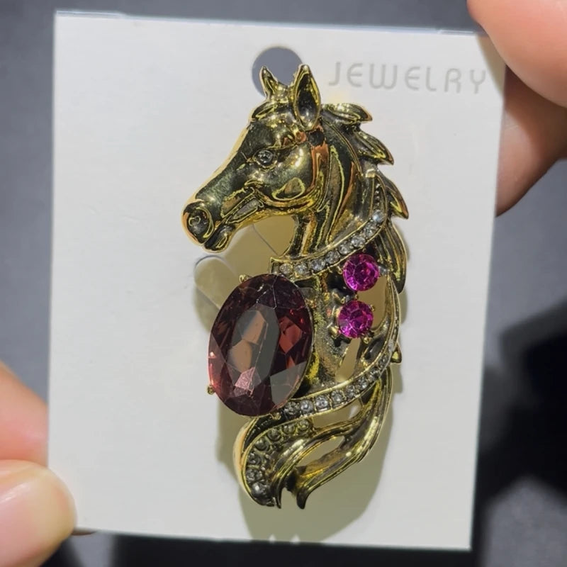 Jeweled Horse Head with Flowing Mane Brooch