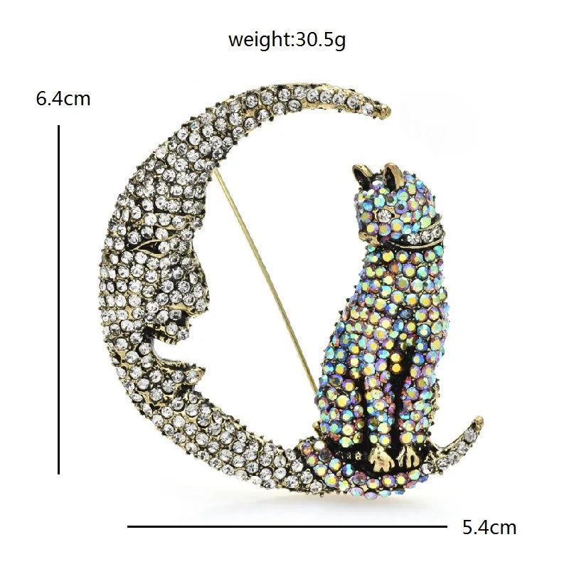 Jeweled Cat on Crescent Moon Brooch