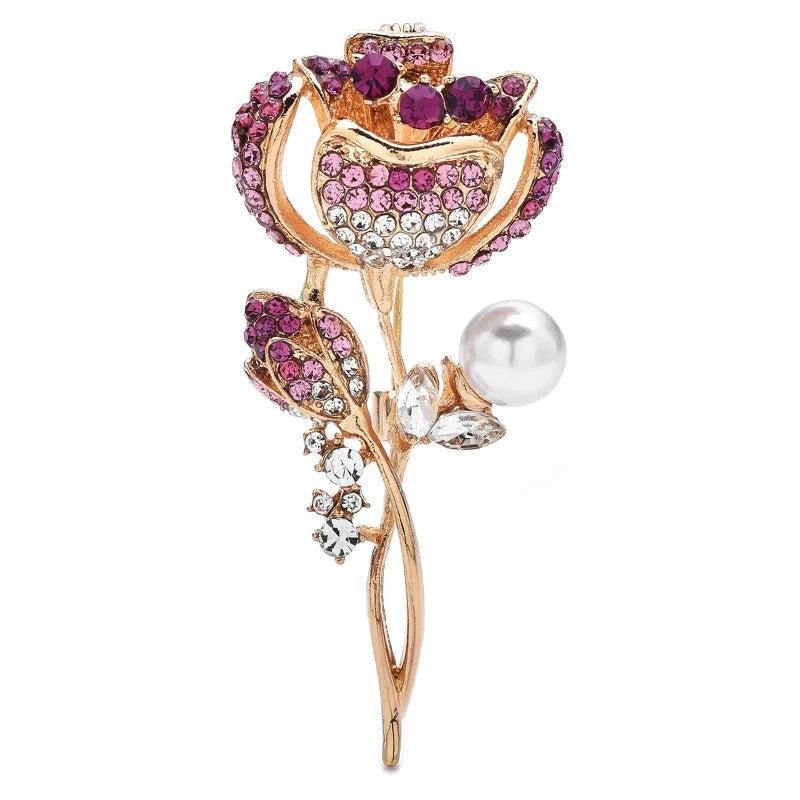 Rhinestone Rose with Pearl-Look Drop Brooch — Pink