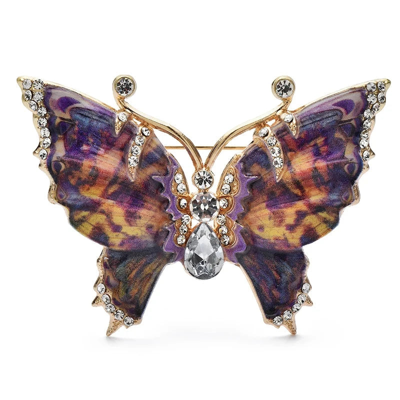 Patterned Enamel Butterfly with Scalloped Wings Brooch — Purple
