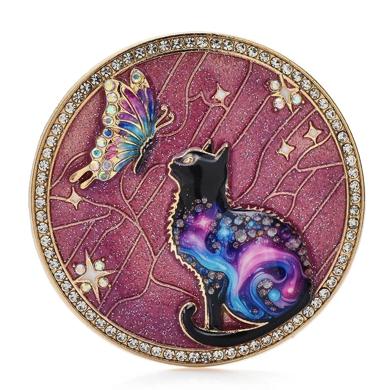 Cat and Butterfly Celestial Medallion Brooch — Purple