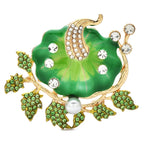 Enamel Pumpkin with Rhinestones and Leaves Brooch — Green