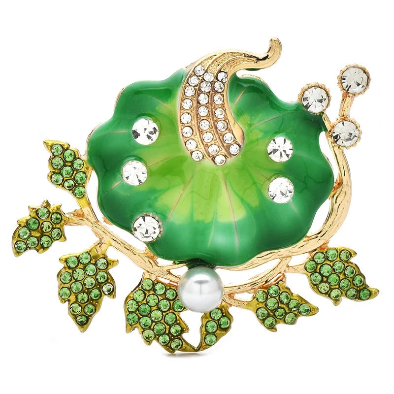 Enamel Pumpkin with Rhinestones and Leaves Brooch — Green