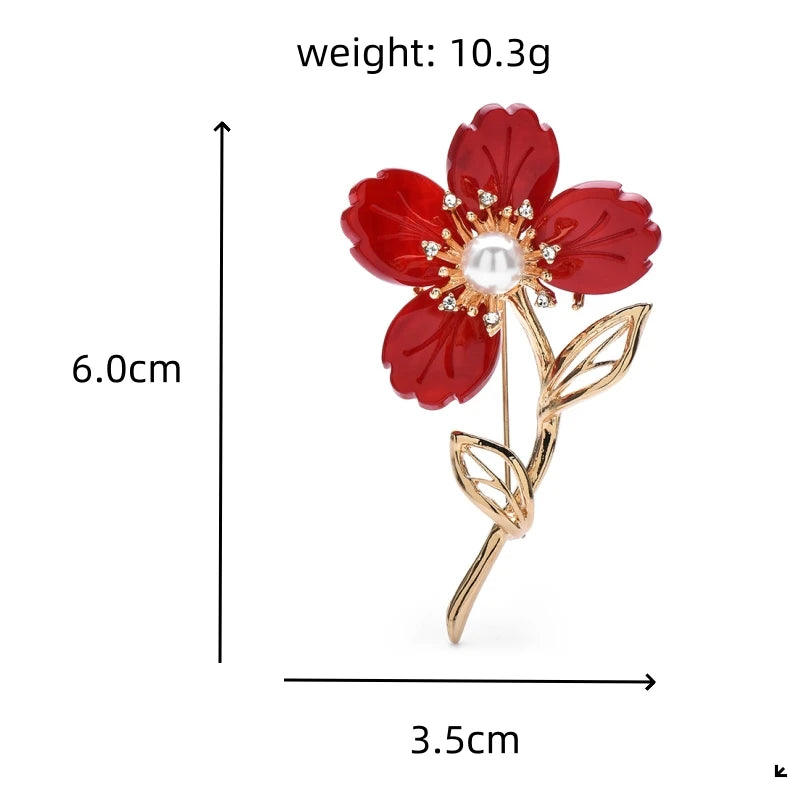 Pearl-Look Flower on Twisted Stem Brooch — dimensions