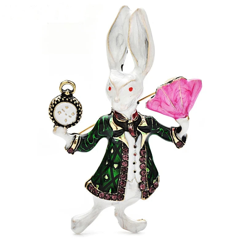 Storybook Rabbit with Watch and Fan Brooch
