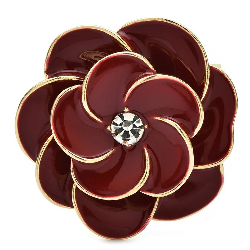 Deep Red Enamel Camellia Brooch — Burgundy