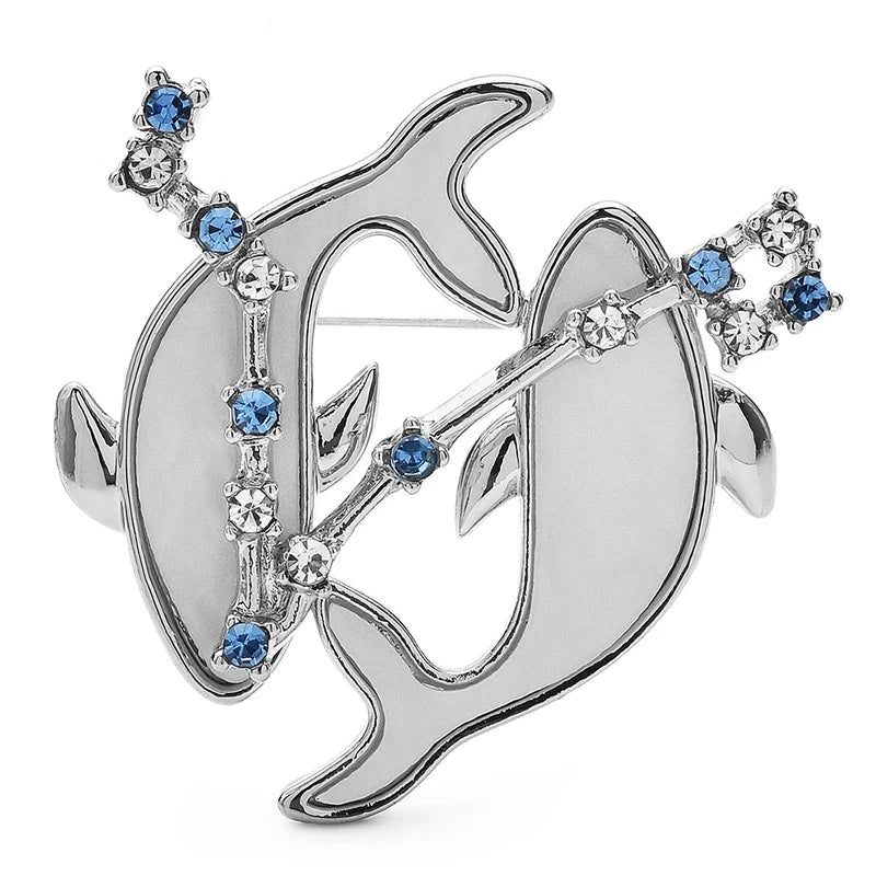 Pisces Dolphins with Blue Star Accents Brooch — Silver