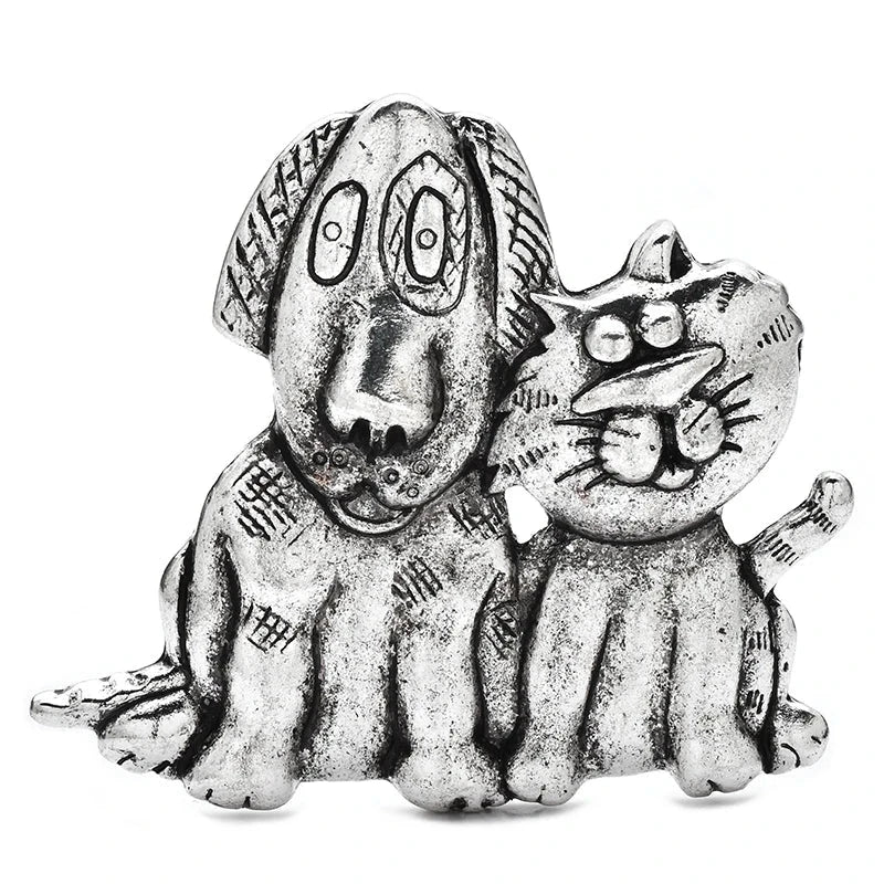 Vintage-Style Dog and Cat Pair Brooch — Silver