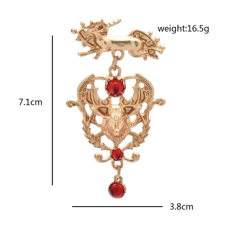 Ornate Deer Head with Red Drop Brooch — dimensions
