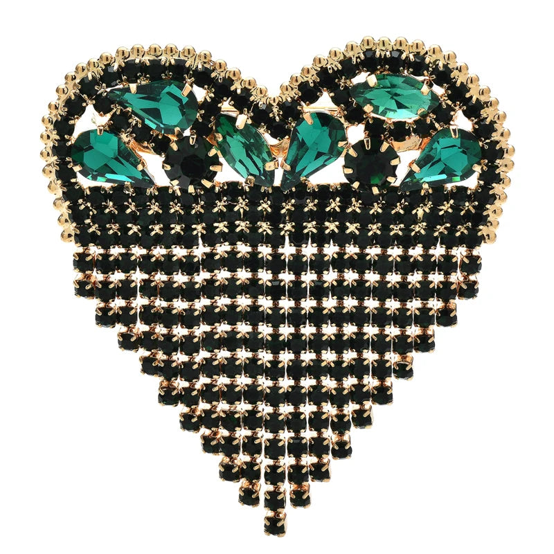 Jeweled Heart with Beaded Fringe Brooch — Green