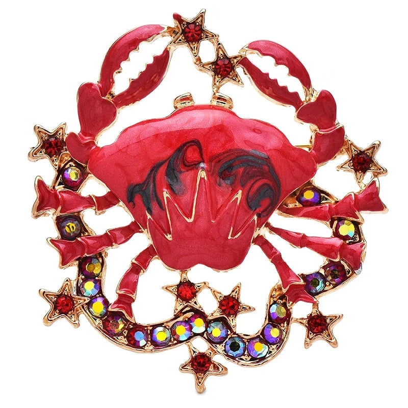 Red Enamel Crab with Jeweled Star Border Brooch — Red Cancer Crab