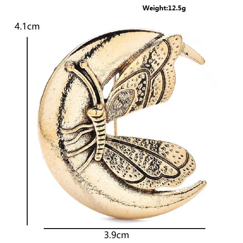 Crescent Moon and Butterfly Vintage-Style Brooch — dimensions