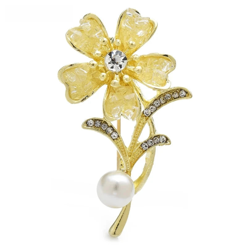 Rhinestone Flower with Pearl-Look Stem Accent Brooch — Light Yellow