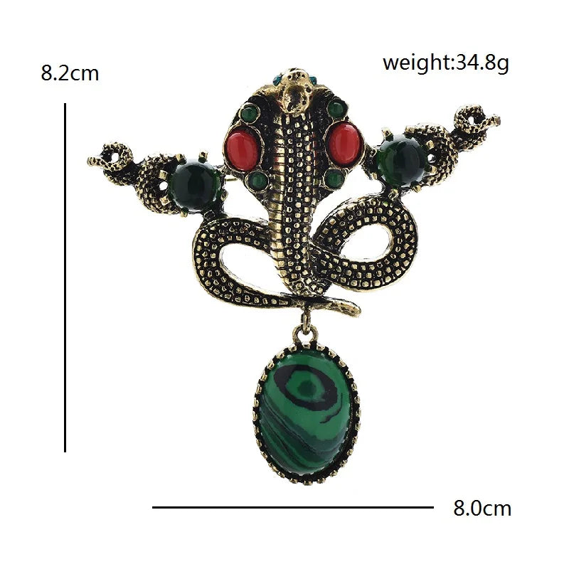 Ornate Snake with Green Oval Drop Brooch — dimensions