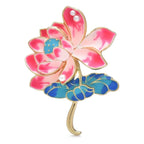 Colorful Enamel Lotus Flowers with Leaves Brooch — Pink