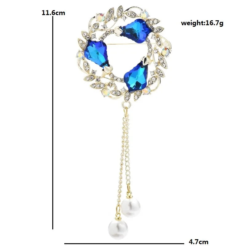 Jeweled Wheat Wreath with Pearl-Look Chain Tassels Brooch — dimensions