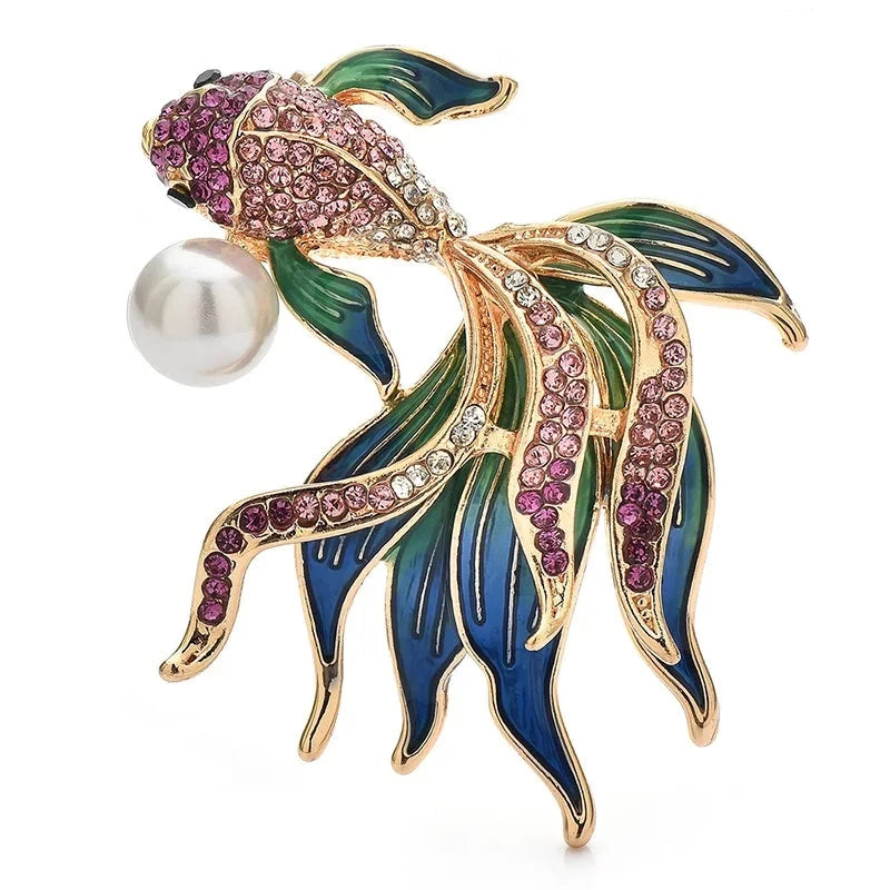 Flowing Rhinestone Goldfish with Pearl-Look Accent Brooch — Blue & Purple