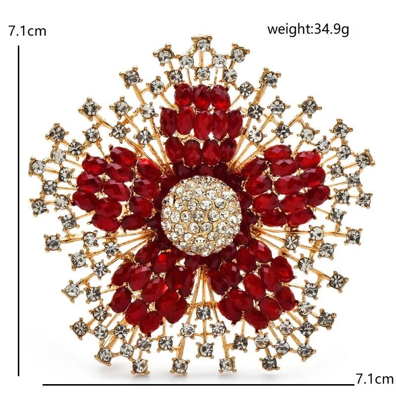 Large Jeweled Flower with Radiating Rhinestone Border Brooch dimensions and weight