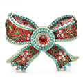 Patterned Red Enamel Bow with Rhinestones Brooch — Red & Turquoise Bow