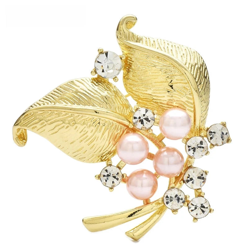 Textured Leaves with Pearl-Look Flower Brooch — Pearl-Look Flower & Leaves