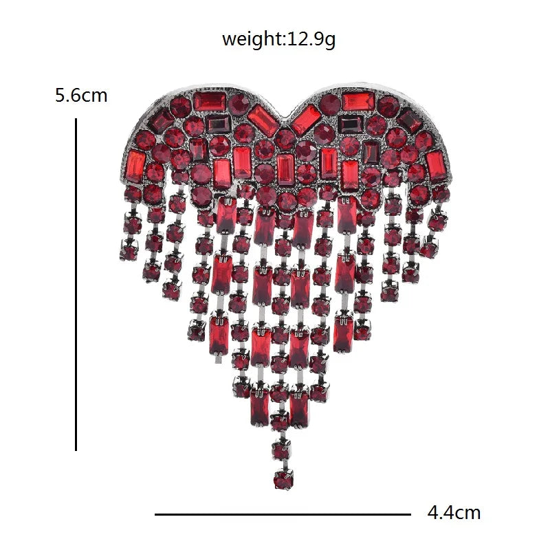 Red Rhinestone Heart with Hanging Fringe Brooch — dimensions