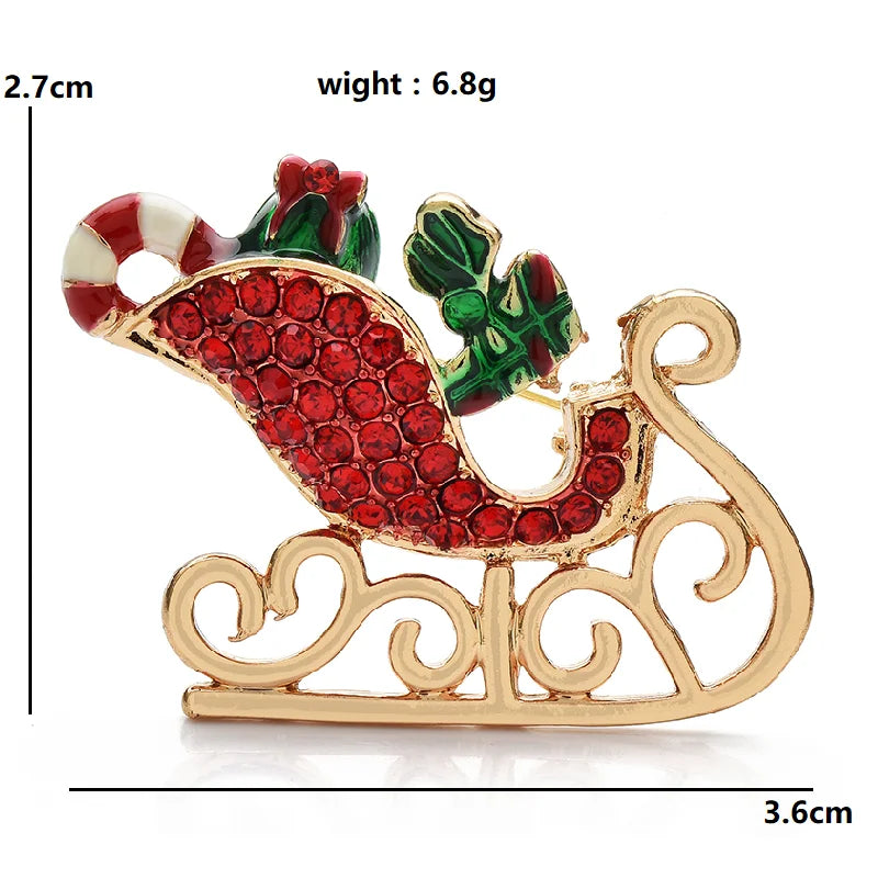 Rhinestone Christmas Sleigh with Gifts and Candy Cane Brooch dimensions and weight