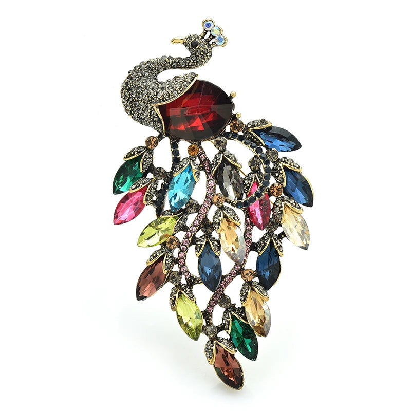 Large Jeweled Peacock with Cascading Tail Brooch