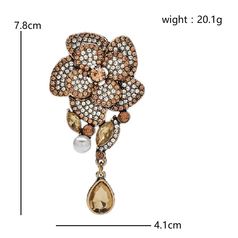 Rhinestone Camellia with Teardrop Pendant Brooch — dimensions
