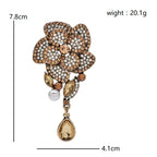 Rhinestone Camellia with Teardrop Pendant Brooch — dimensions