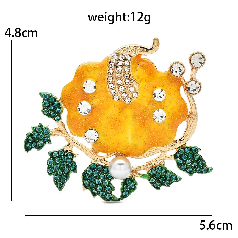 Enamel Pumpkin with Rhinestones and Leaves Brooch — dimensions