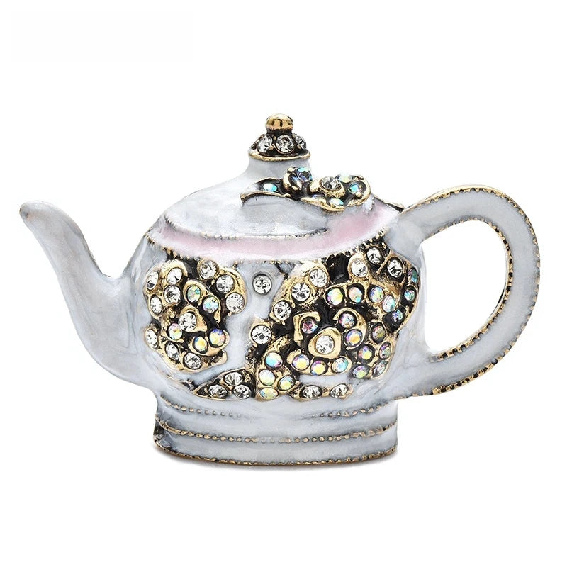 Ornate Enamel Teapot Brooch — White