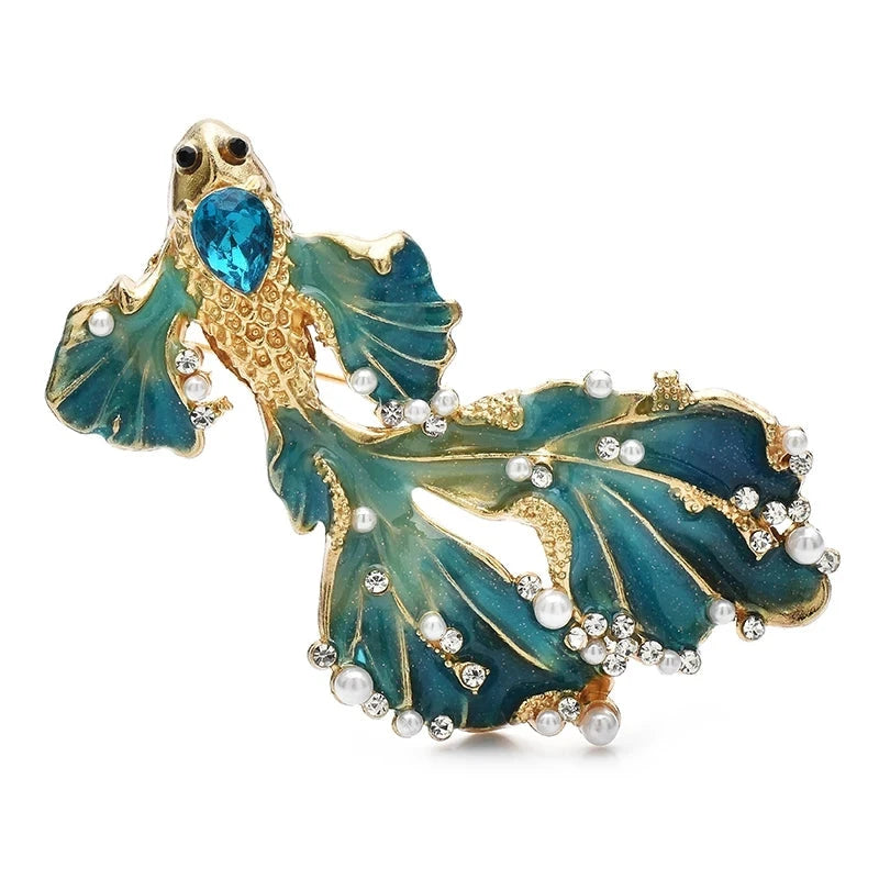 Long-Tailed Enamel Goldfish Brooch — Blue