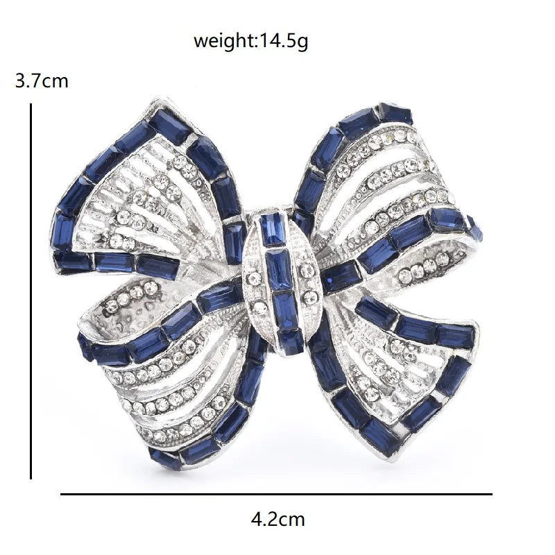 Blue and Clear Rhinestone Ribbon Bow Brooch — dimensions