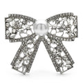 Vintage-Style Rhinestone Bow with Pearl-Look Center Brooch — Silver