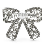 Vintage-Style Rhinestone Bow with Pearl-Look Center Brooch — Silver