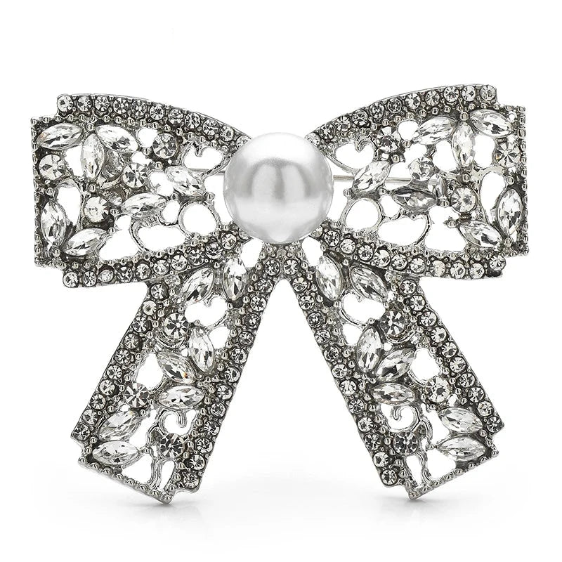 Vintage-Style Rhinestone Bow with Pearl-Look Center Brooch — Silver