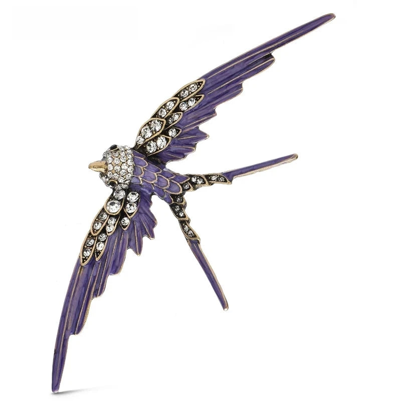 Large Enamel Swallow with Rhinestones Brooch — Purple