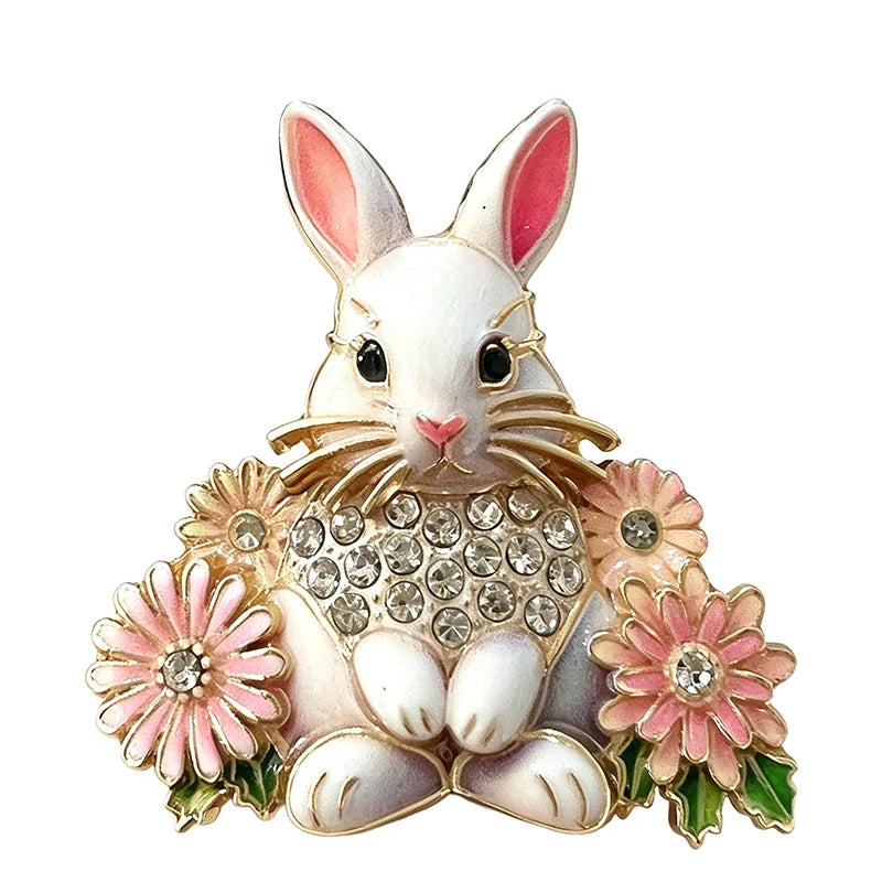 Seated Rabbit with Daisy Flowers Brooch original white background product photo